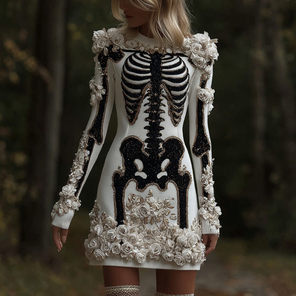 Comstylish Classy Skull And Roses Art Cozy Knit Sweater Dress
