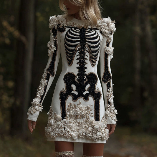Comstylish Classy Skull And Roses Art Cozy Knit Sweater Dress