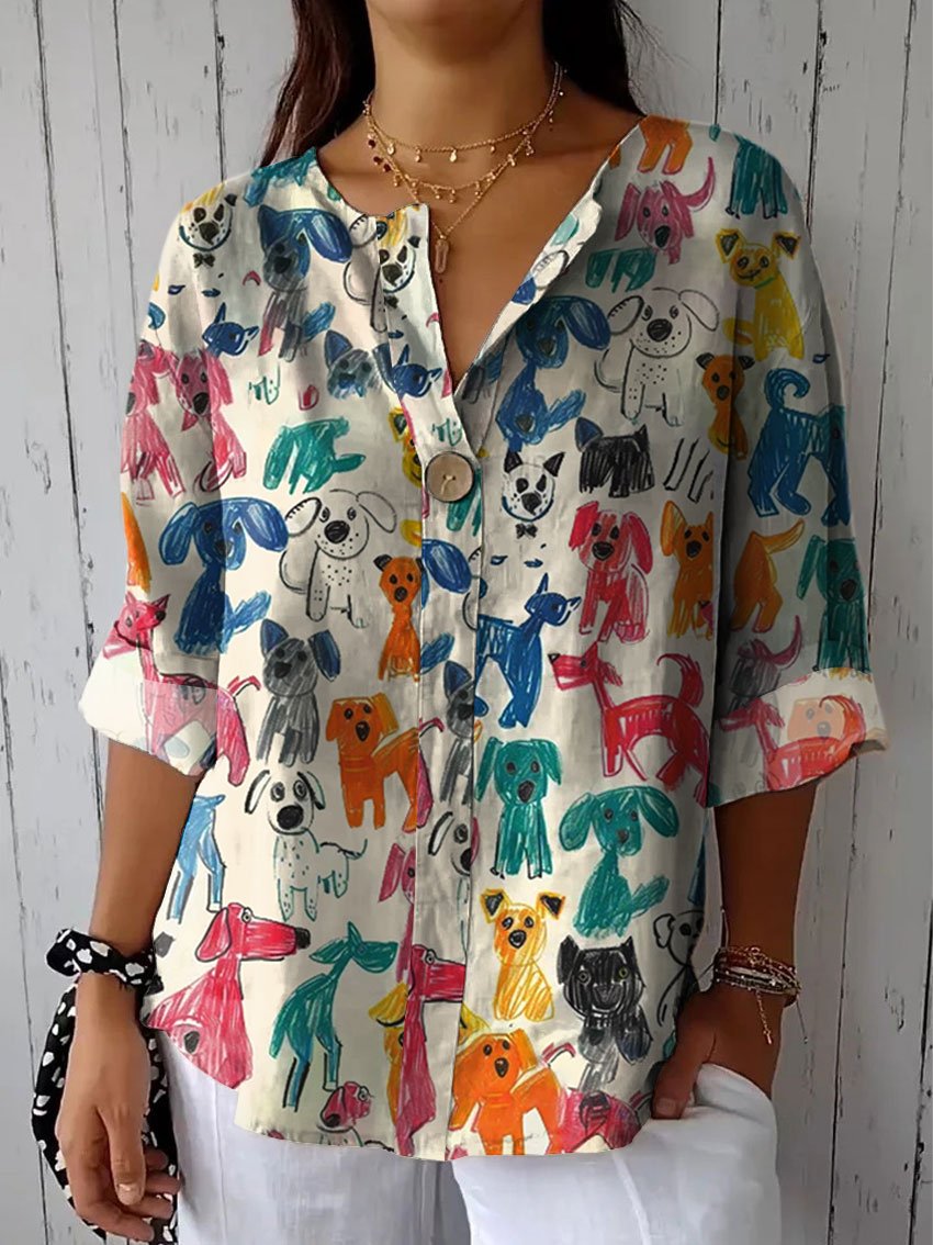 Women's Cute Kid Drawing Dog Print Casual Cotton Linen Shirt