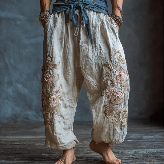 Men's Vintage Floral Embroidered Wide Leg Pants elevenforest