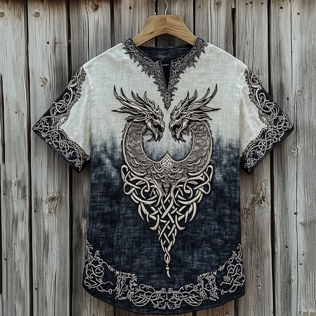 Men's Viking Celtic Knot Wolf Head Linen Shirt elevenforest