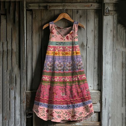 Vintage Floral Patchwork Art Linen Blend Tank Dress elevenforest