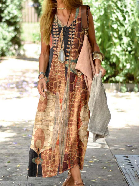 Women's Resort Style Floral Pattern Vest Style Loose Cotton and Linen Dress