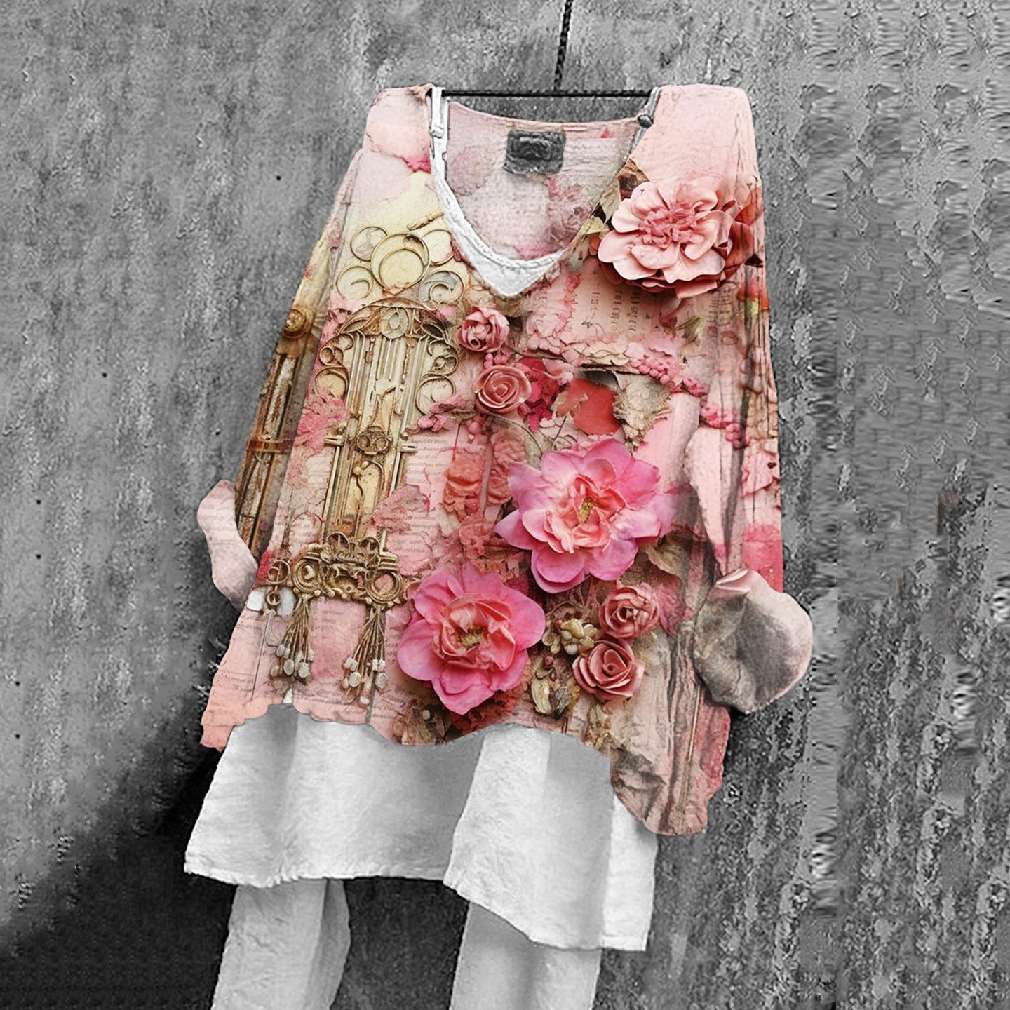 Comstylish Vintage Floral Print V-Neck Casual Loose Blouse