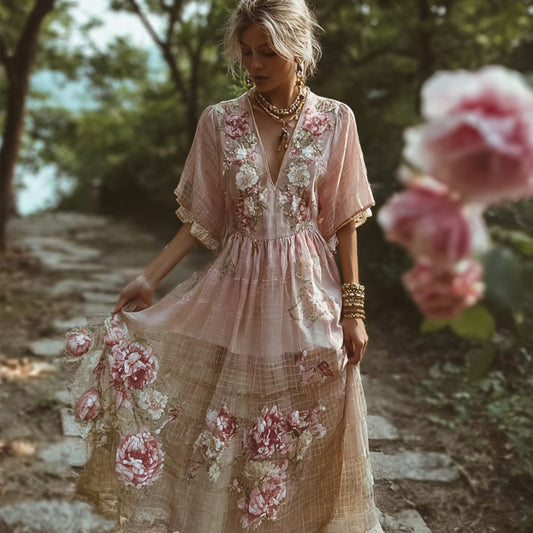 French Romantic Bohemian Style Patchwork Plaid Rose Dress elevenforest