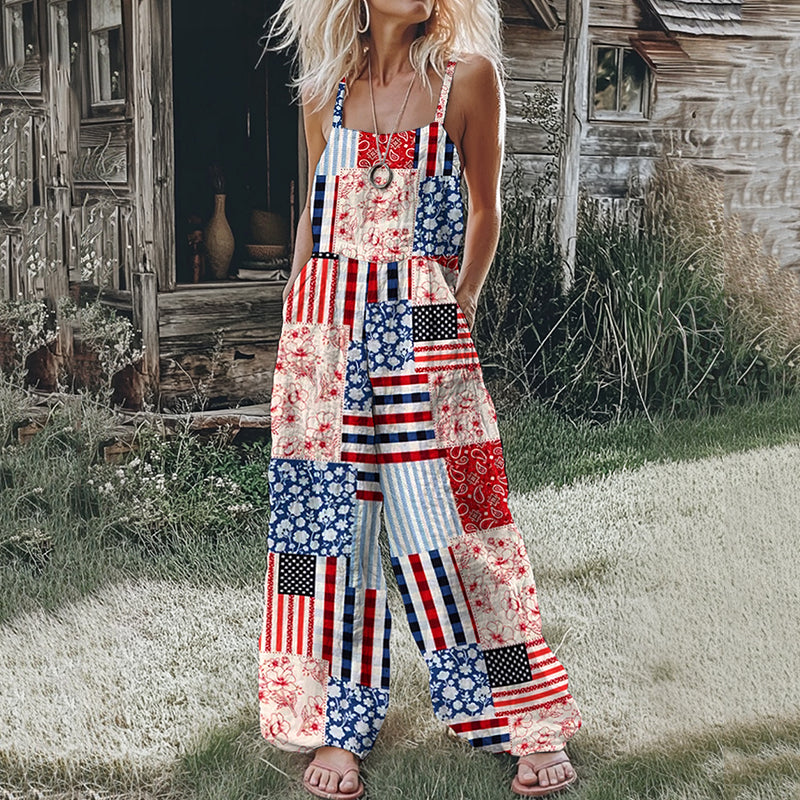 Women's Independence Day American Flag Patch Floral & Paisley Patchwork Linen Print Cotton Linen Jumpsuit elevenforest