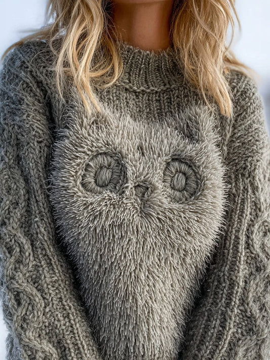 Lovely Fuzzy Cat Embroidered Crew Neck Cozy Sweater elevenforest
