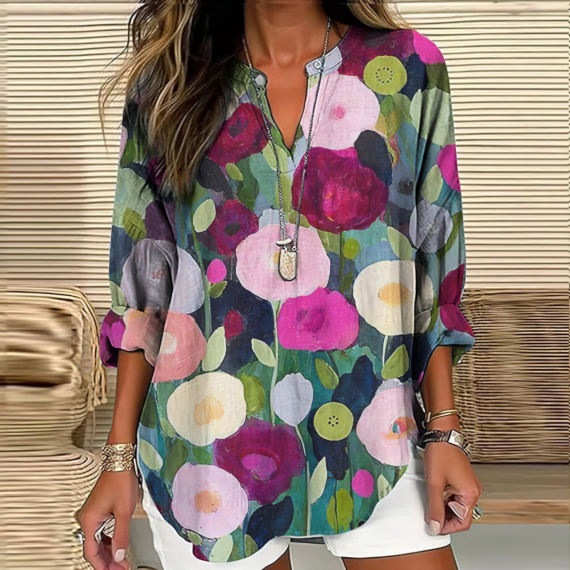 Comstylish Vintage Colorful Floral Art Painting V Neck Casual Blouse
