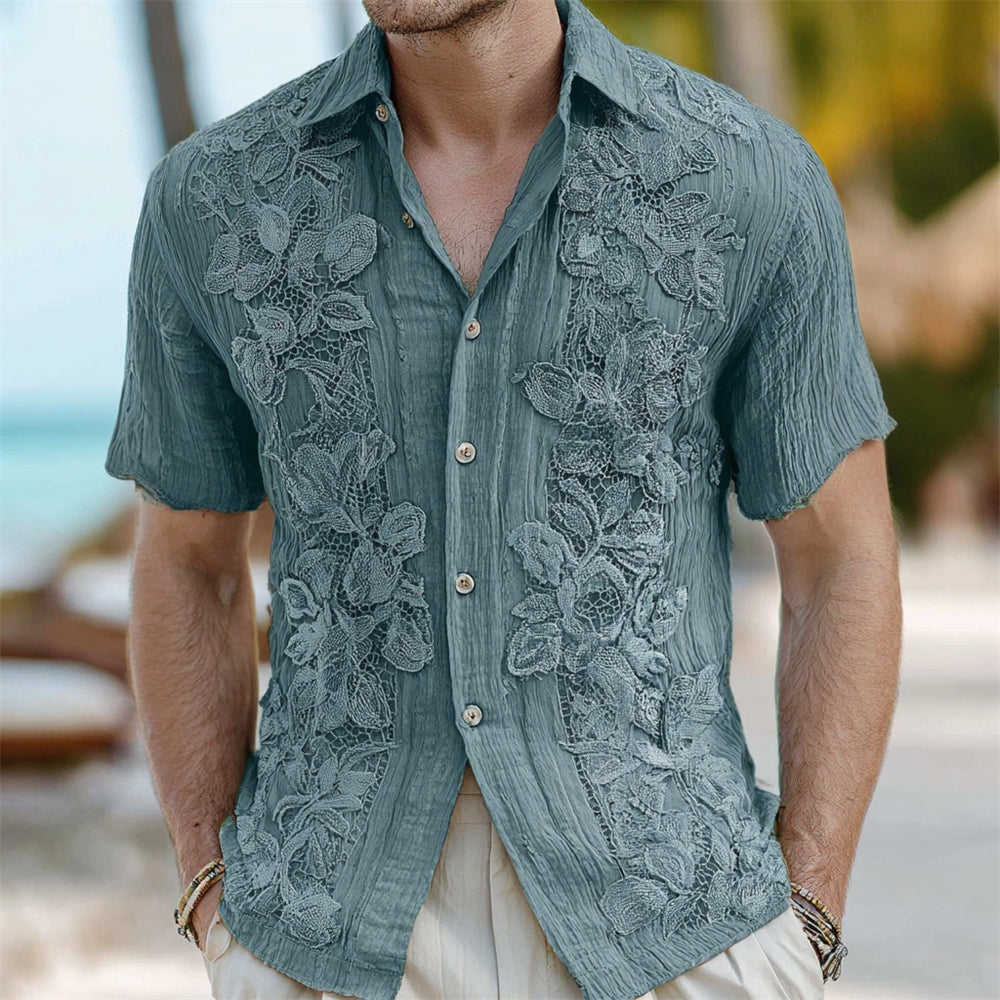 Boho Lace Floral Embroidery Men's Linen Short Sleeve Shirt elevenforest