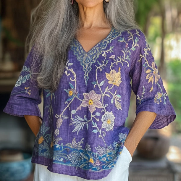 Vintage Floral Embroidery Linen Art V-neck Shirt elevenforest