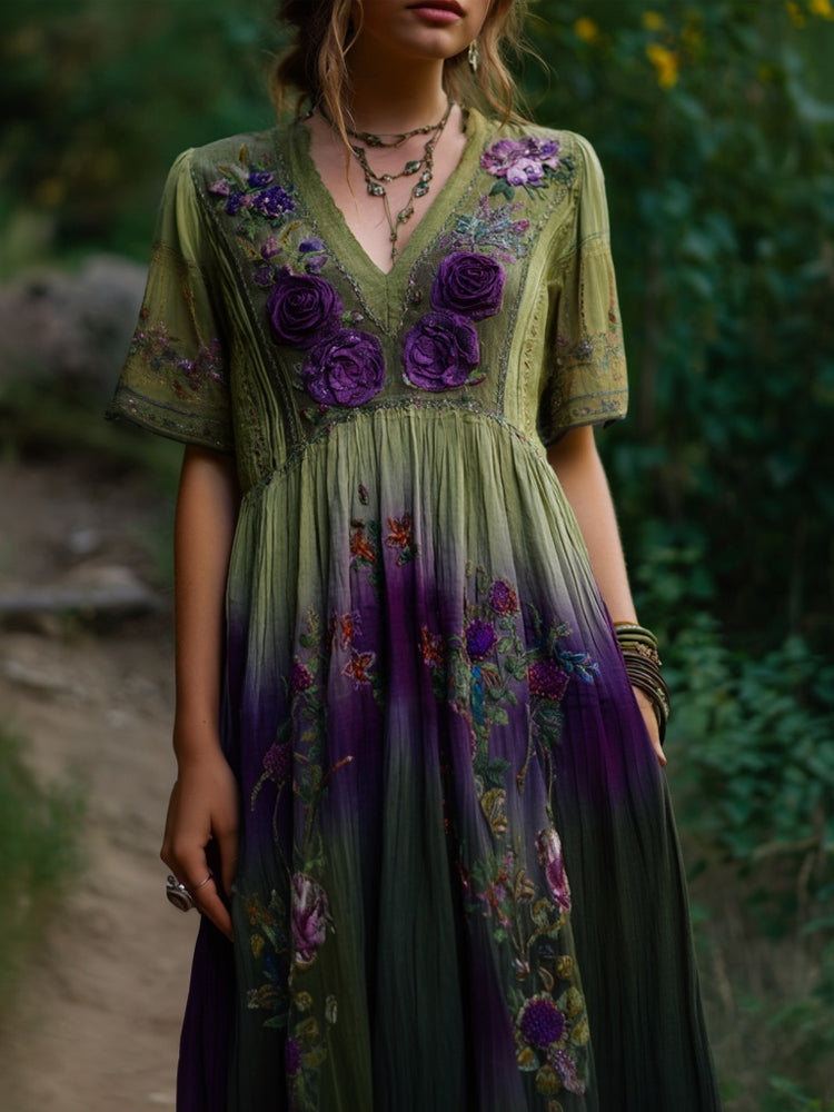 Vintage Purple Roses Embroidered Gradient Linen Maxi Dress elevenforest