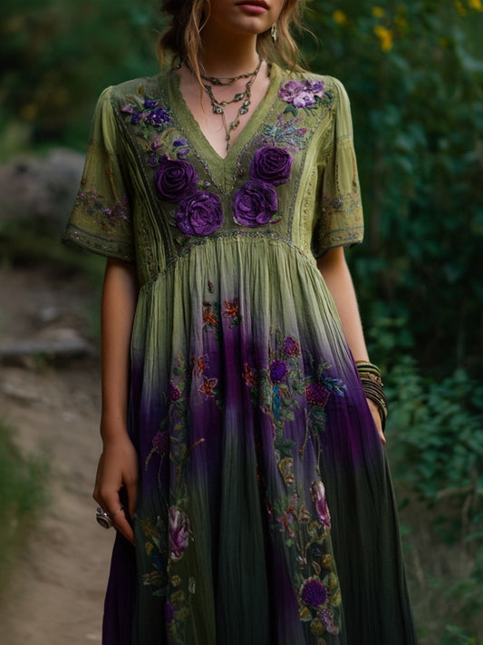 Vintage Purple Roses Embroidered Gradient Linen Maxi Dress elevenforest