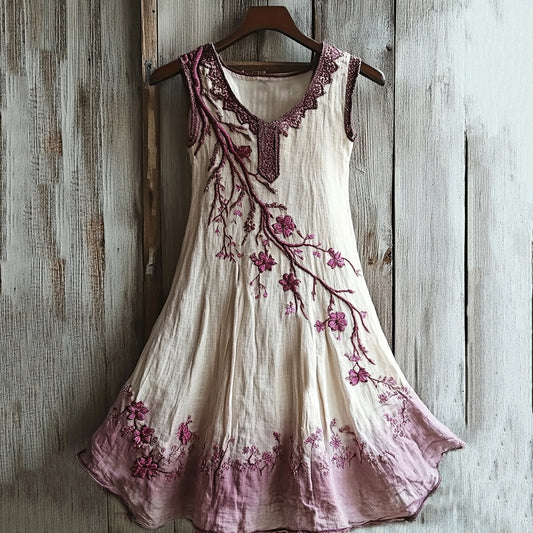 Vintage Celtic Knot With Cherry Blossoms Pattern Linen Tank Dress elevenforest