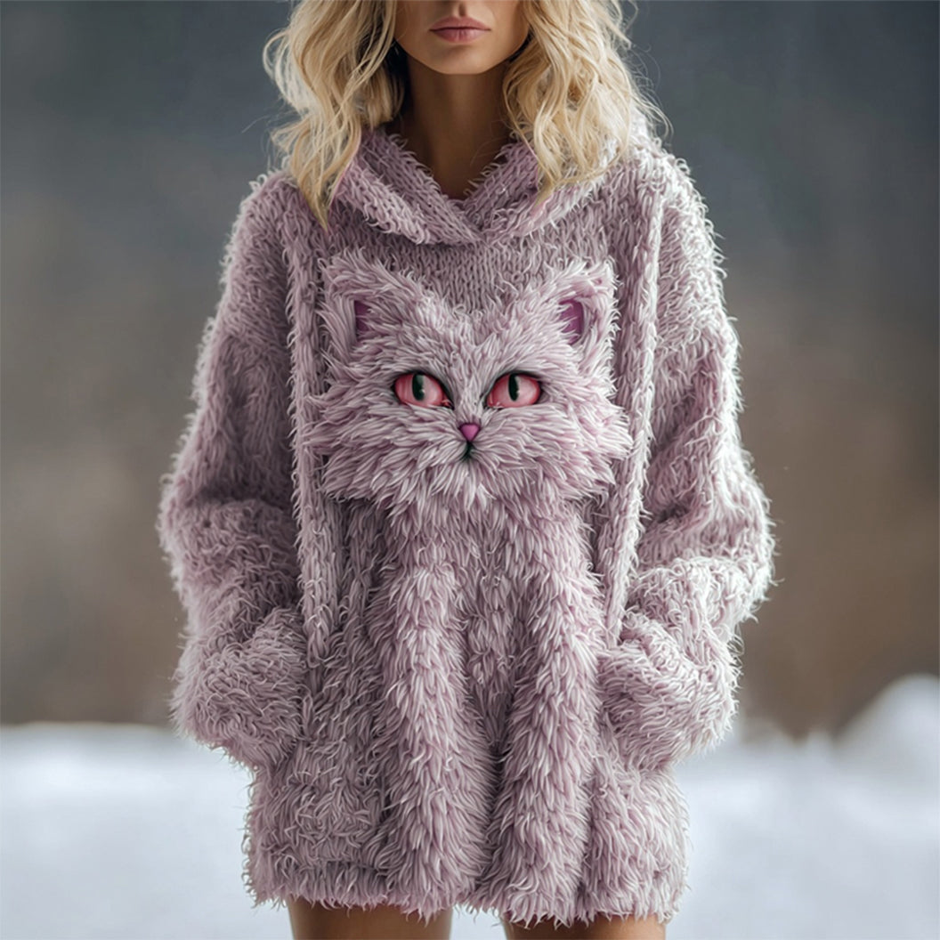 Cute Fuzzy Cat Embroidered Soft Hooded Sweater elevenforest