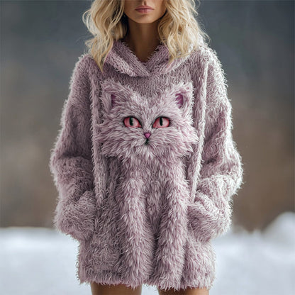 Comstylish Cute Fuzzy Cat Embroidered Soft Hooded Sweater
