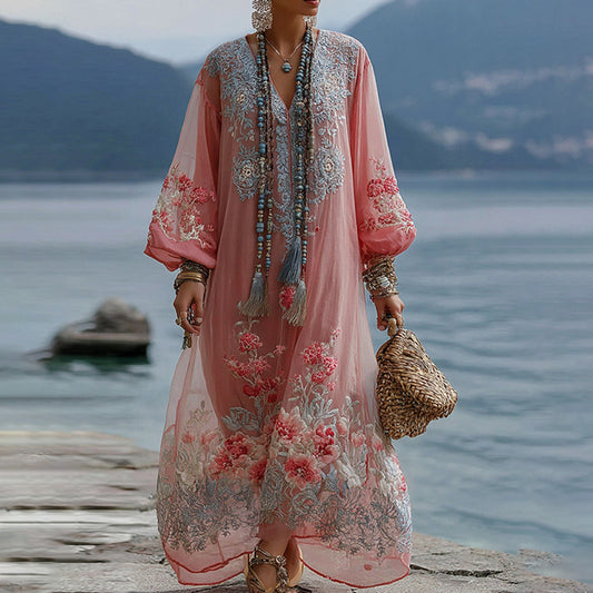 Women's Vintage Floral Embroidered V Neck Comfy Maxi Dress elevenforest