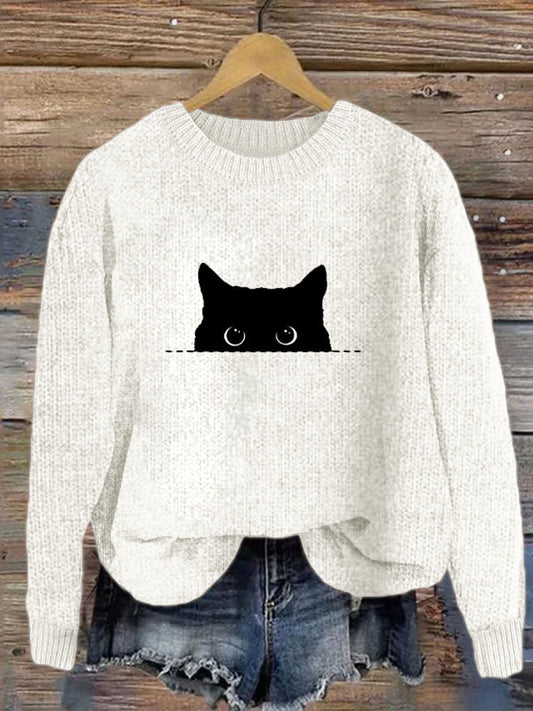 Women's Casual Funny Black Cat Print Sweater elevenforest