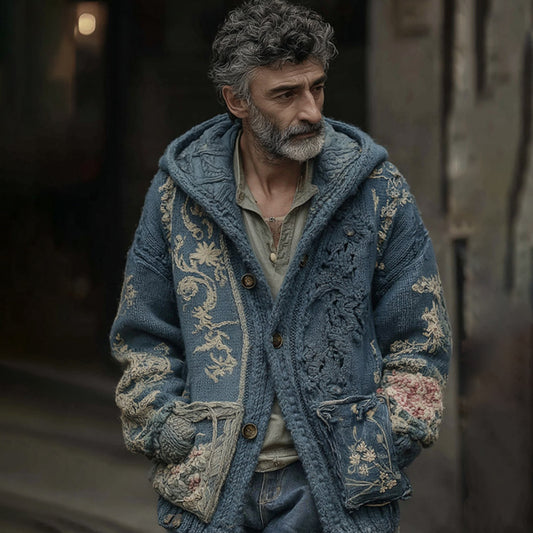 Men's Vintage Floral Gradient Art Jacquard Button Pocket Cardigan Sweater elevenforest