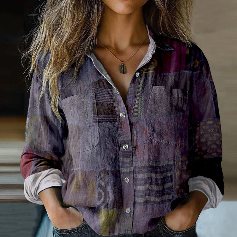 Bohemian Style Floral  Patchwork Linen Print  Long Sleeve Shirt elevenforest