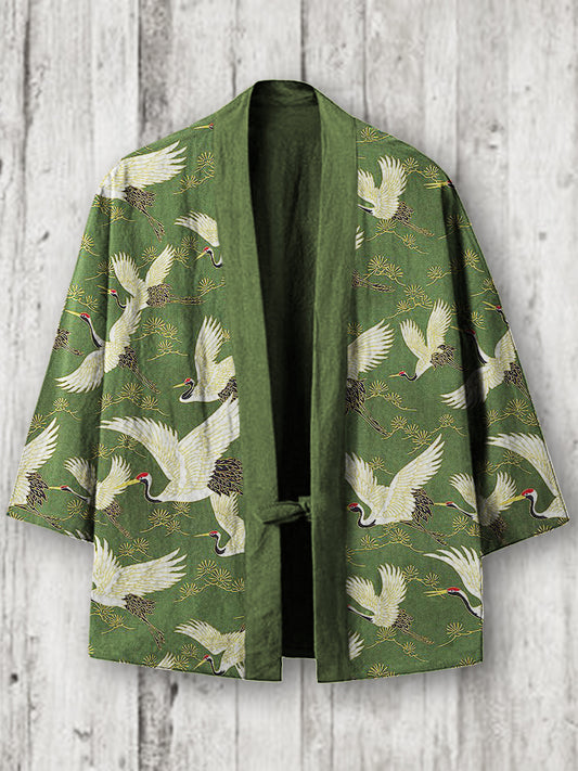 Cranes & Pine Trees Japanese Pattern Flowy Linen Blend Kimono Cardigan elevenforest