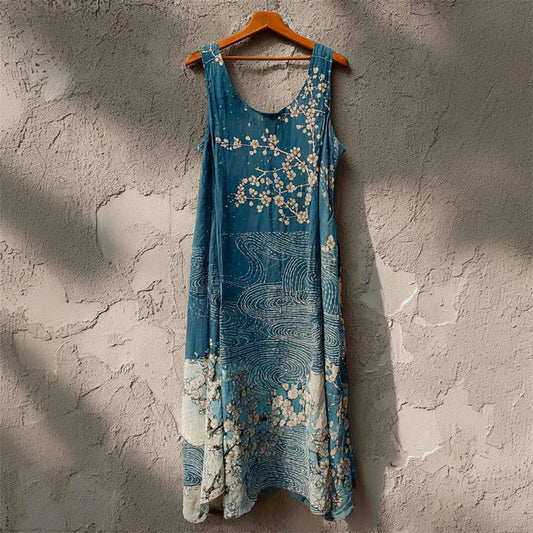 Comstylish Almond Blossom Sea Waves Japanese Art Linen Tank Dress