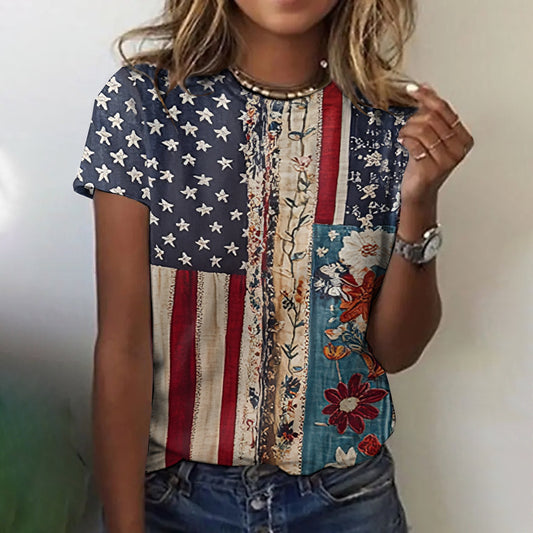 Comstylish Women's Vintage Independence Day And Floral Graphic T-shirt