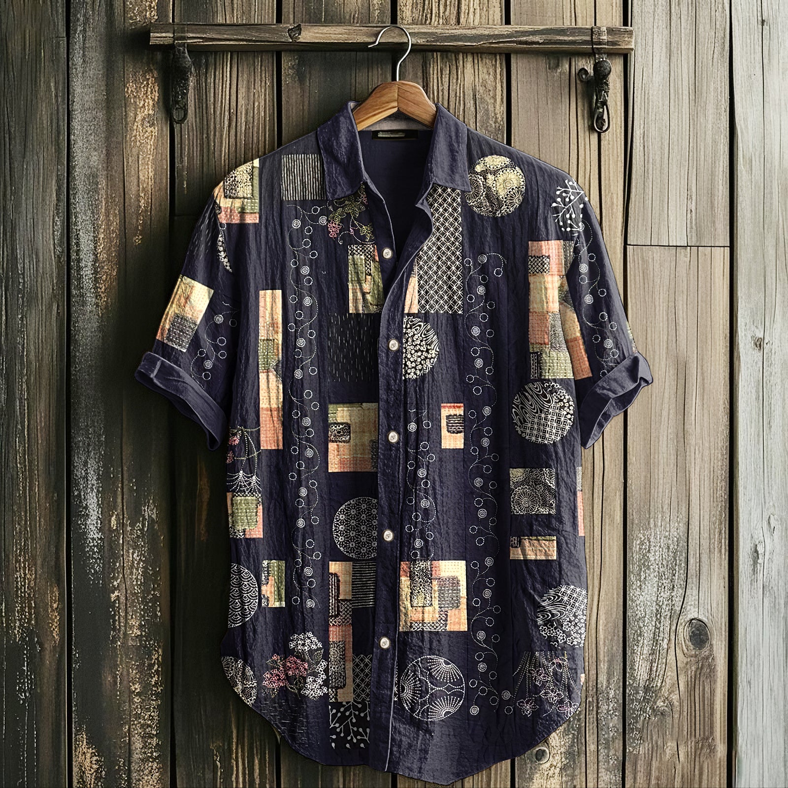 Men's Retro Floral Geometry Art Linen Casual Shirt elevenforest