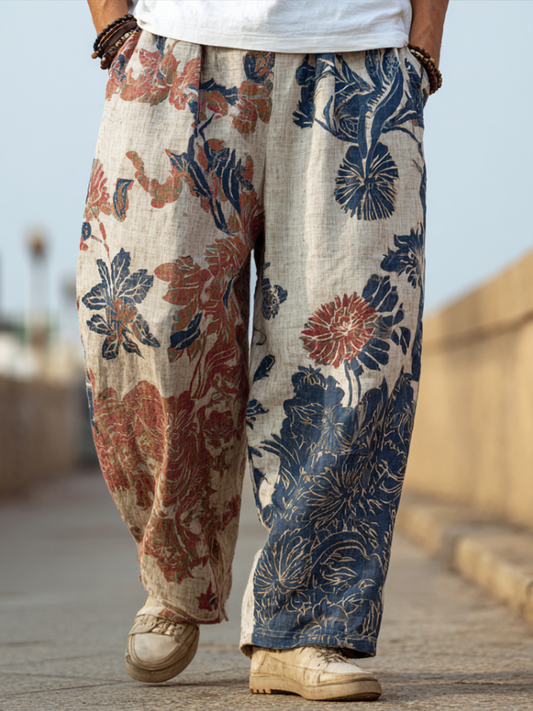 Western Bohemian Style Plant And Flower Pattern Retro Cotton And Linen Men's Loose Wide-leg Pants elevenforest