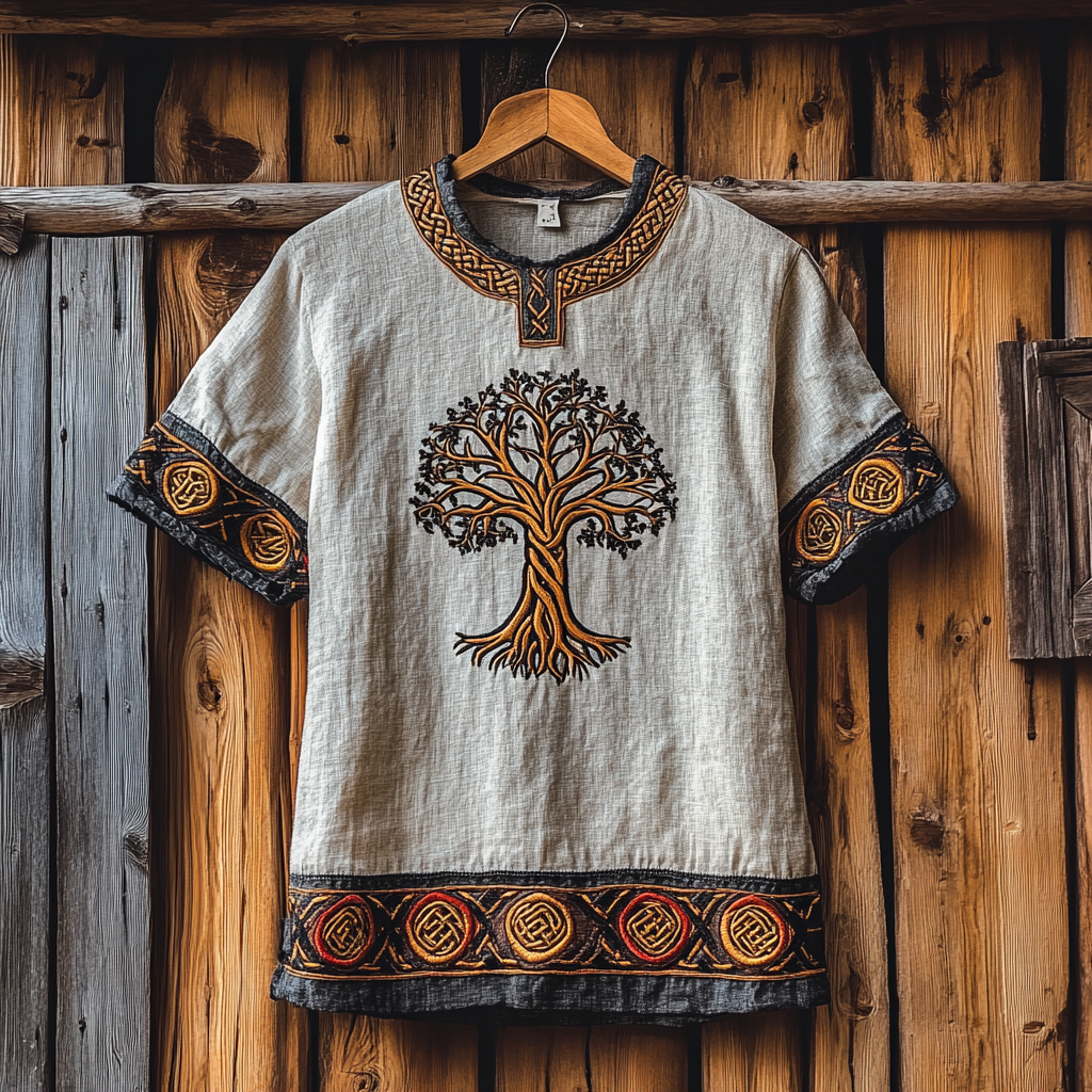 Men's Viking Tribal Celtic Embroidered Linen T-shirt elevenforest