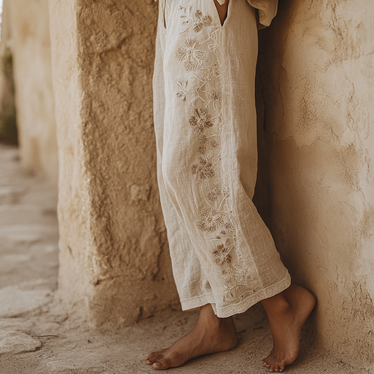 Women's Floral Embroidery Art Cotton And Linen Casual Pants elevenforest