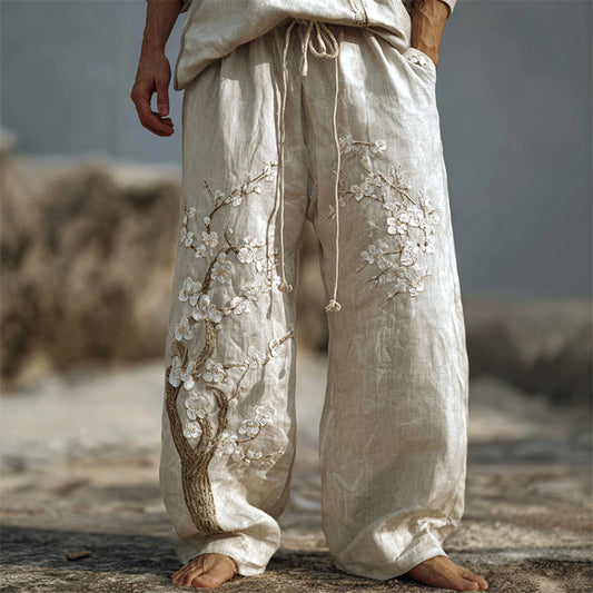 Men's White Almond Blossom Embroidered Flowy Wide Leg Linen Pants elevenforest