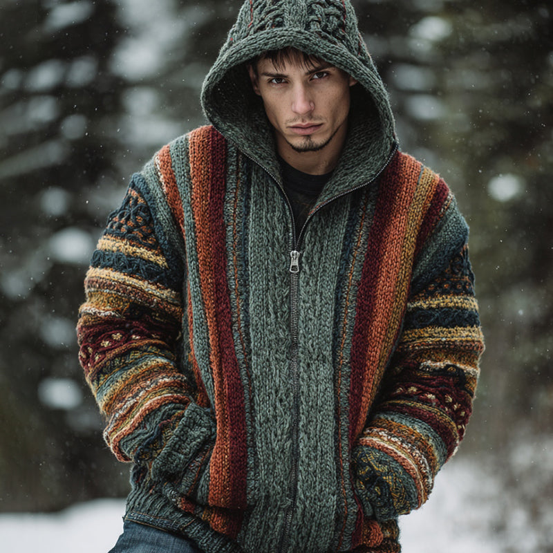 Men's Vintage Colorful Striped Celtic Art Jacquard Thick Warm Zip Hooded Sweater Cardigan elevenforest