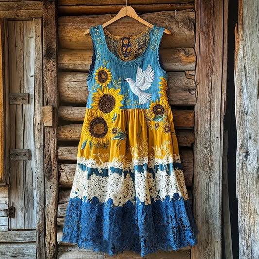 Women's Retro Dove Of Peace And Sunflower Lace Art Tank Dress elevenforest
