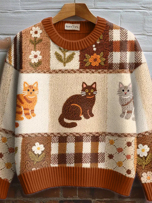 Women's Fall Floral Cat Crochet Pattern Cozy Knit Sweater artswardrobe