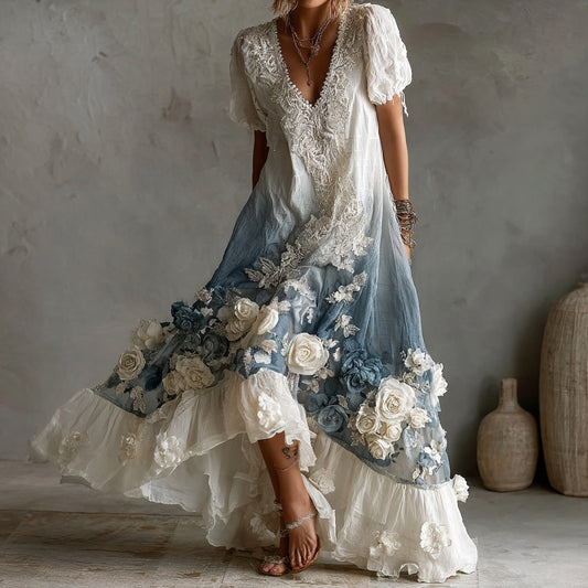 Women's Retro White Rose Embroidery Pattern Gradient Short Sleeve Dress elevenforest