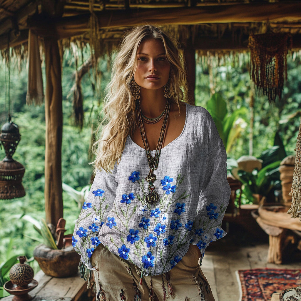 Retro Bohemian Resort Floral Pattern Art Embroidery Cotton And Linen Blend Loose Blouse elevenforest