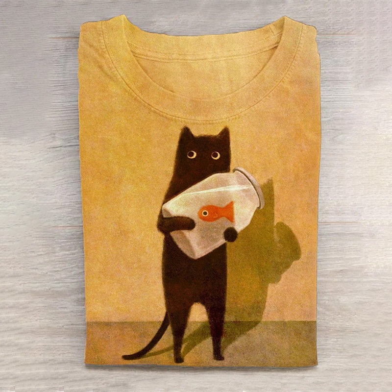 Cat Holding Goldfish Bowl Art Long Sleeve T-Shirt elevenforest