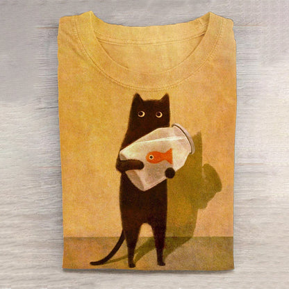 Cat Holding Goldfish Bowl Art Long Sleeve T-Shirt elevenforest
