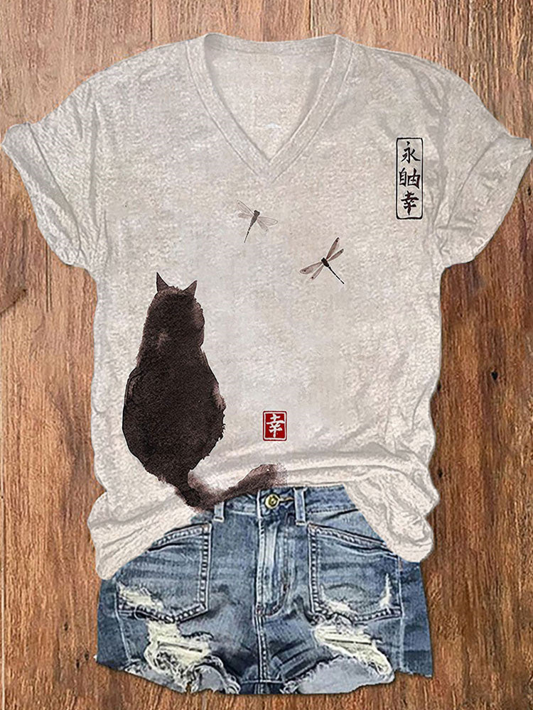 Ink Painting Black Cat Japanese Art Print Vintage V-neck T-shirt elevenforest