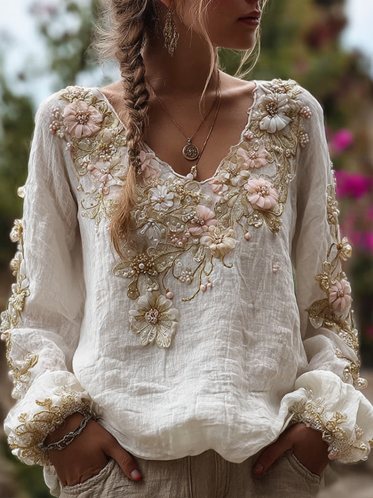 Bohemian Style Three-dimensional Flower Pattern Women's V-neck Long-sleeve Cotton And Linen Shirt elevenforest