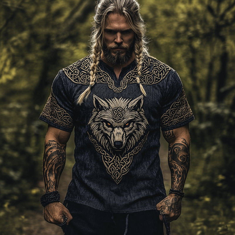 Men's Vintage Viking Celtic Knot Wolf Pattern V-neck Shirt elevenforest