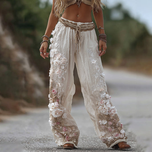 Women's Vintage Romantic White Rose Embroidery Art Comfy Linen Pants elevenforest