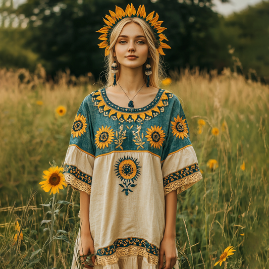 Women's Bohemian Ukrainian Sunflower Contrast T-shirt elevenforest