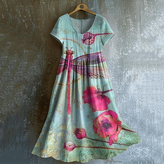 Women's Vintage Dragonfly Floral Art Cotton And Linen Dress elevenforest