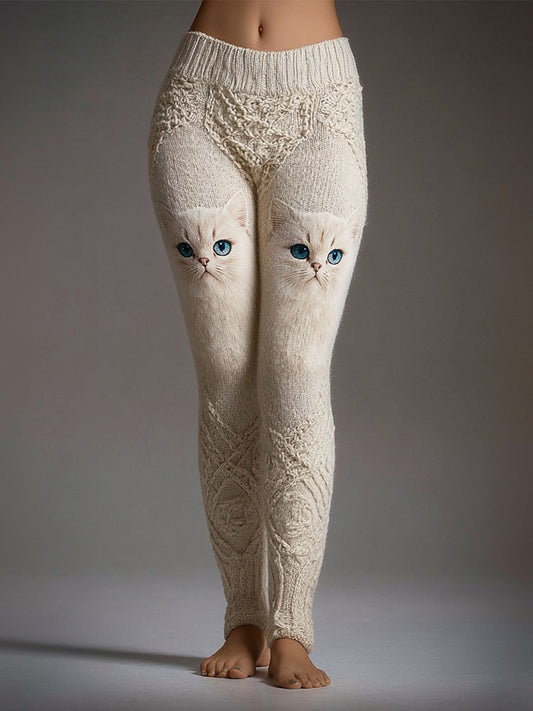 Lovely Cat Face Jacquard Vintage Cozy Knit Leggings elevenforest