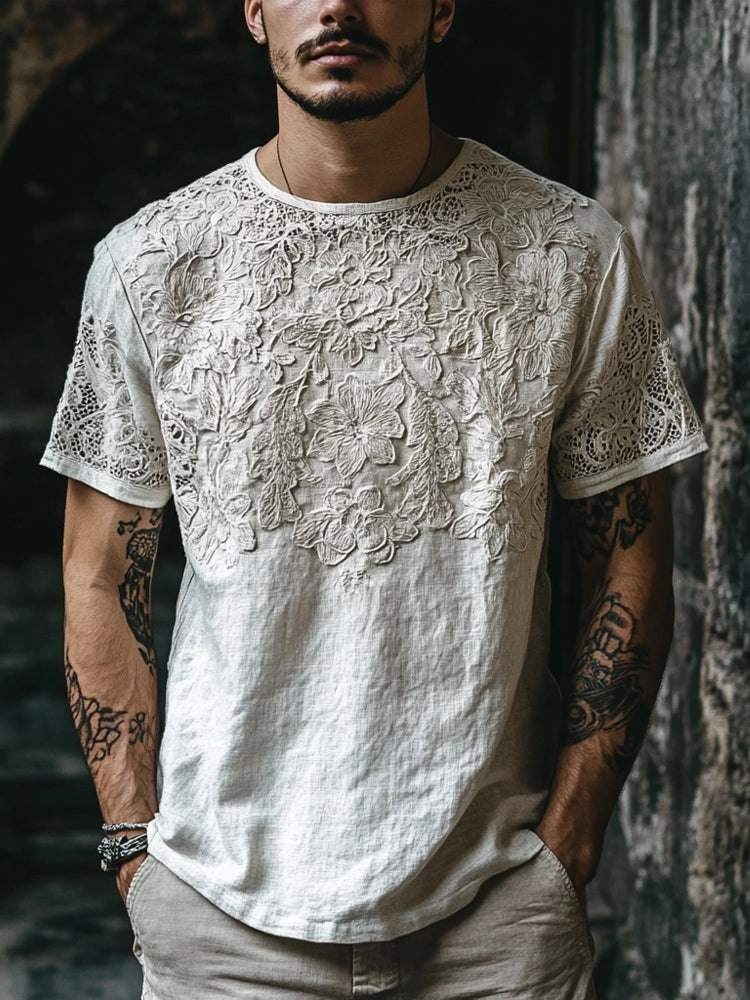 Men's Floral Lace Embroidered Linen T Shirt elevenforest