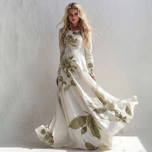 Women's Vintage Floral Art Long Sleeve Maxi Dress elevenforest