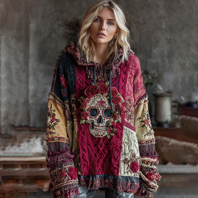 Boho Rose And Skull Inspired Colorblock Design Cozy Knit Hooded Sweater elevenforest