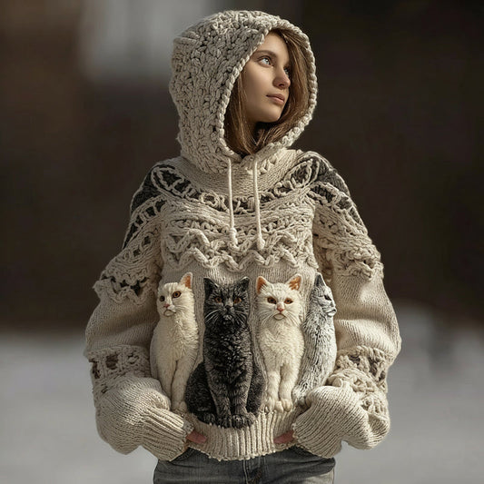 Women's Cute Cat Embroidered Hooded Sweater elevenforest