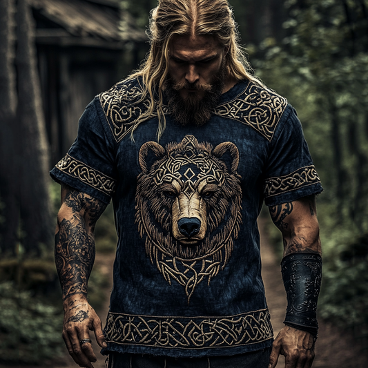 Retro Nordic Viking Mythology Bear Head Contrast Celtic Shirt elevenforest